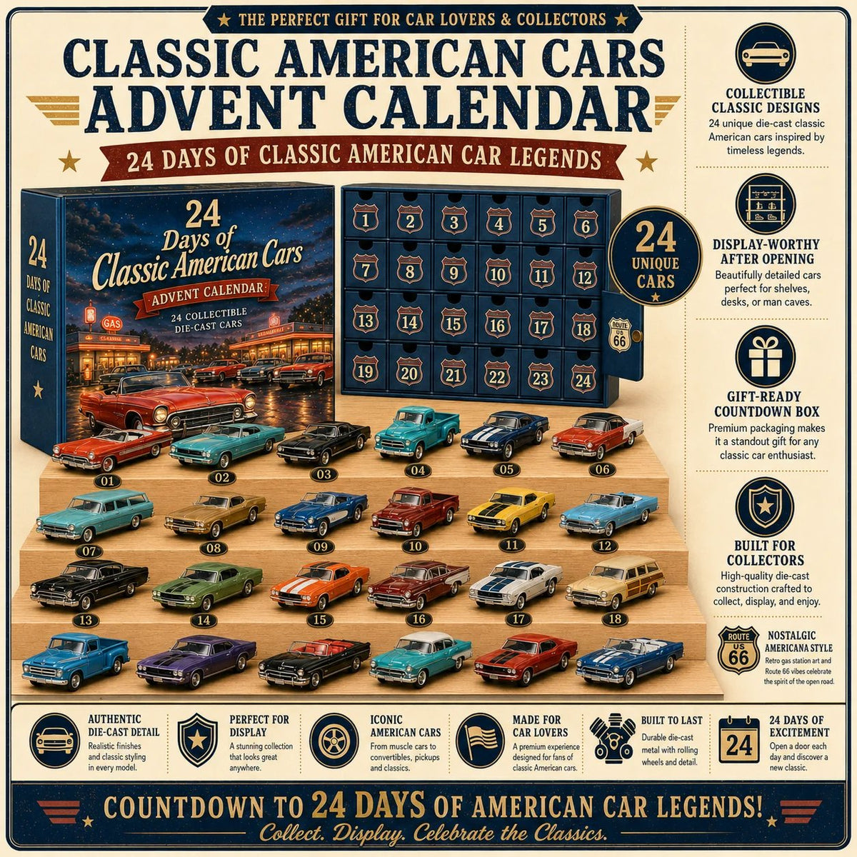 24 Days of Classic American Cars Advent Calendar – 24 Vintage Ride Collectibles for Car Lovers